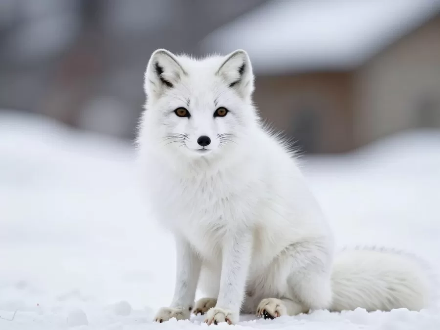 Arctic fox with thick white winter coat in snowy landscape