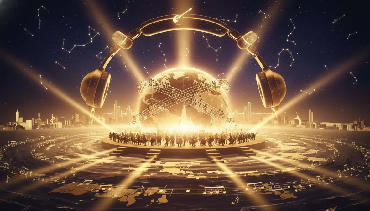Artistic representation of global music industry success and wealth