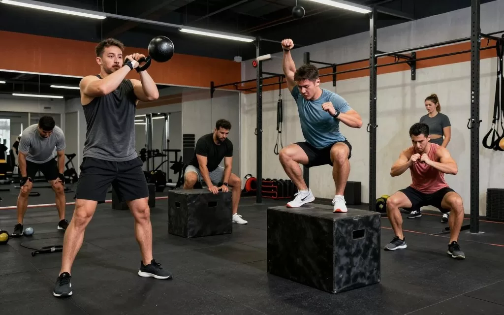 Athletes performing hybrid training combining strength, cardio and mobility work