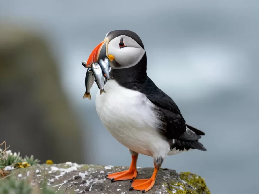 Atlantic puffin with colorful beak holding multiple fish standing on rocky cliff