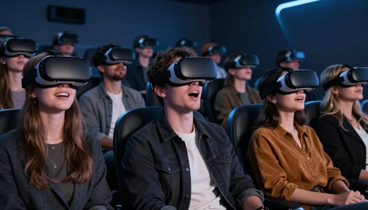 Audience wearing VR headsets experiencing immersive movie content