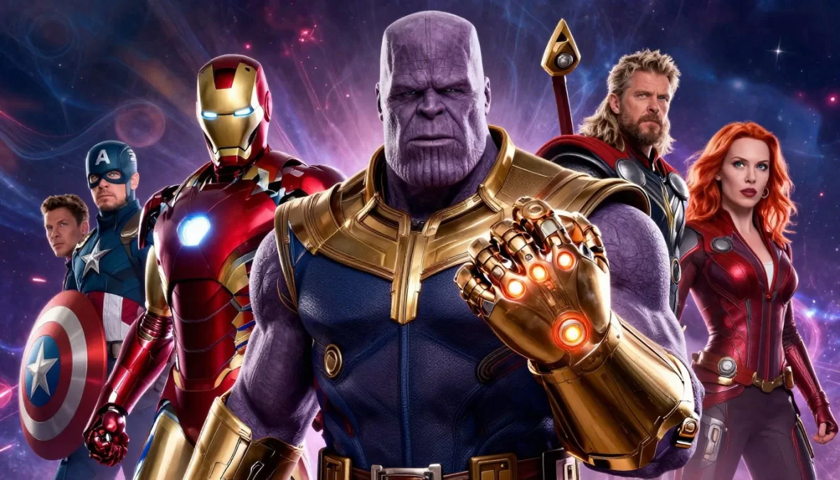 Avengers Infinity War featuring Thanos with Infinity Gauntlet and assembled heroes