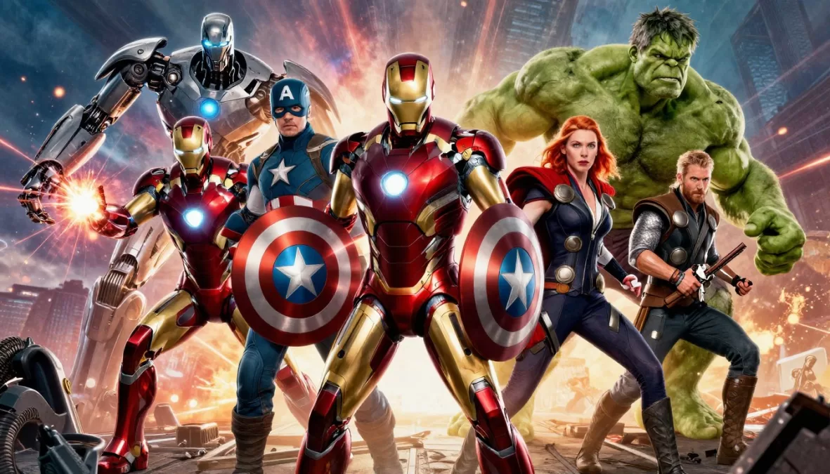 Avengers team including Iron Man, Captain America, Thor, and others facing Ultron