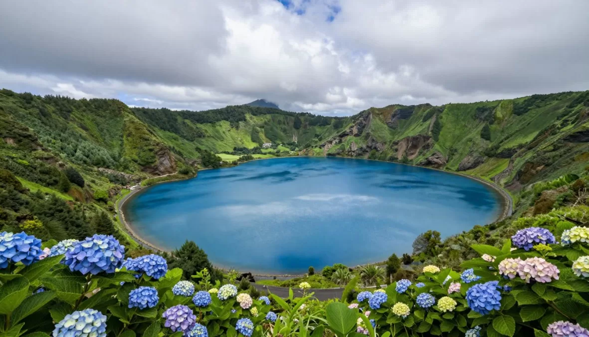 Azores volcanic crater lake with green hills