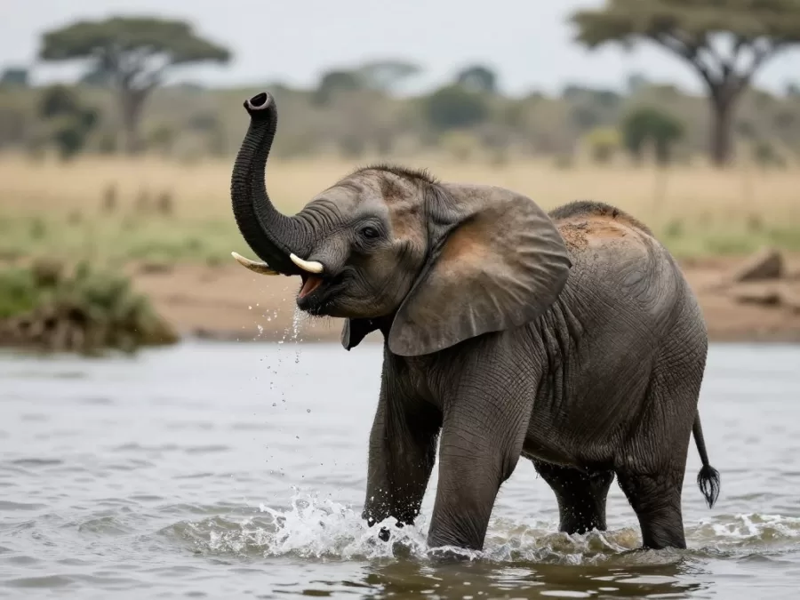 Baby elephant playing with water in river