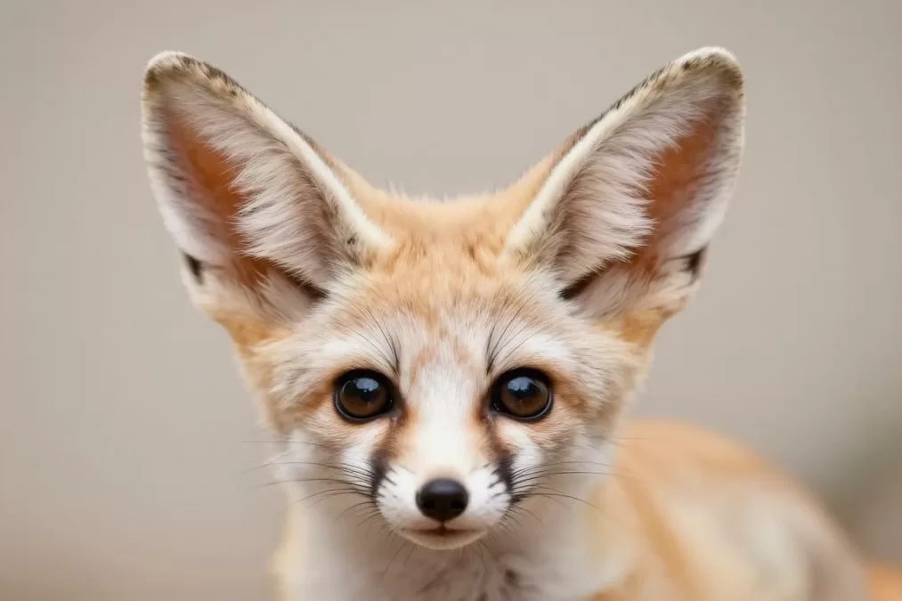 Baby fennec fox kit with oversized ears looking directly at camera