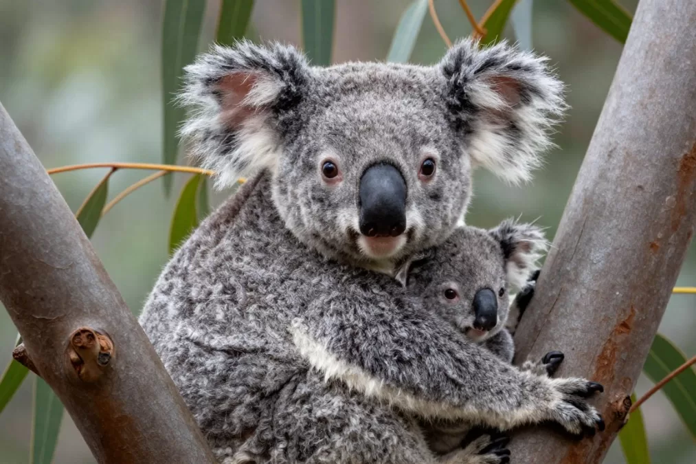 Baby koala joey clinging to mother's back in tree