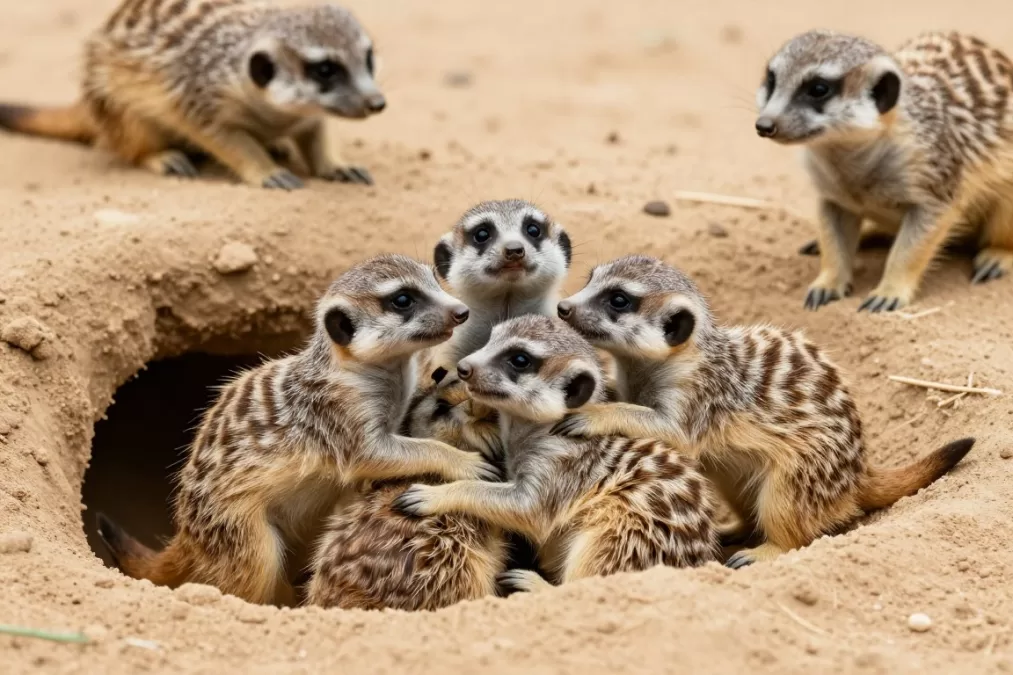 Baby meerkat pups playing together outside burrow