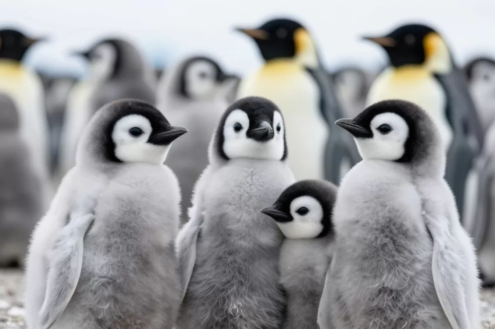 Baby penguin chicks huddled together in a group
