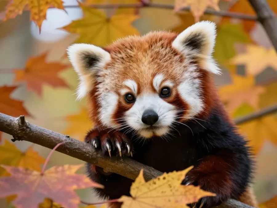 Baby red panda playing in a tree with autumn leaves