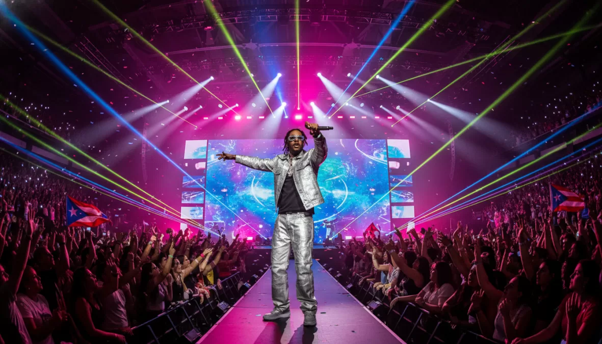 Bad Bunny performing to massive crowd during world tour