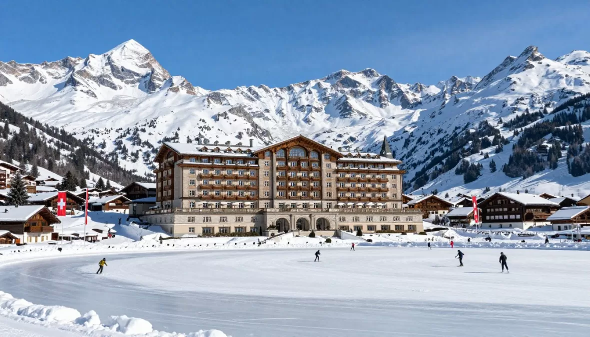 Badrutt's Palace Hotel in St. Moritz overlooking snow-covered Swiss Alps