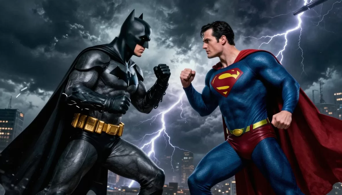 Batman and Superman facing off in an epic confrontation scene