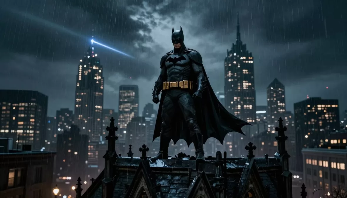Batman silhouette against Gotham City skyline at night