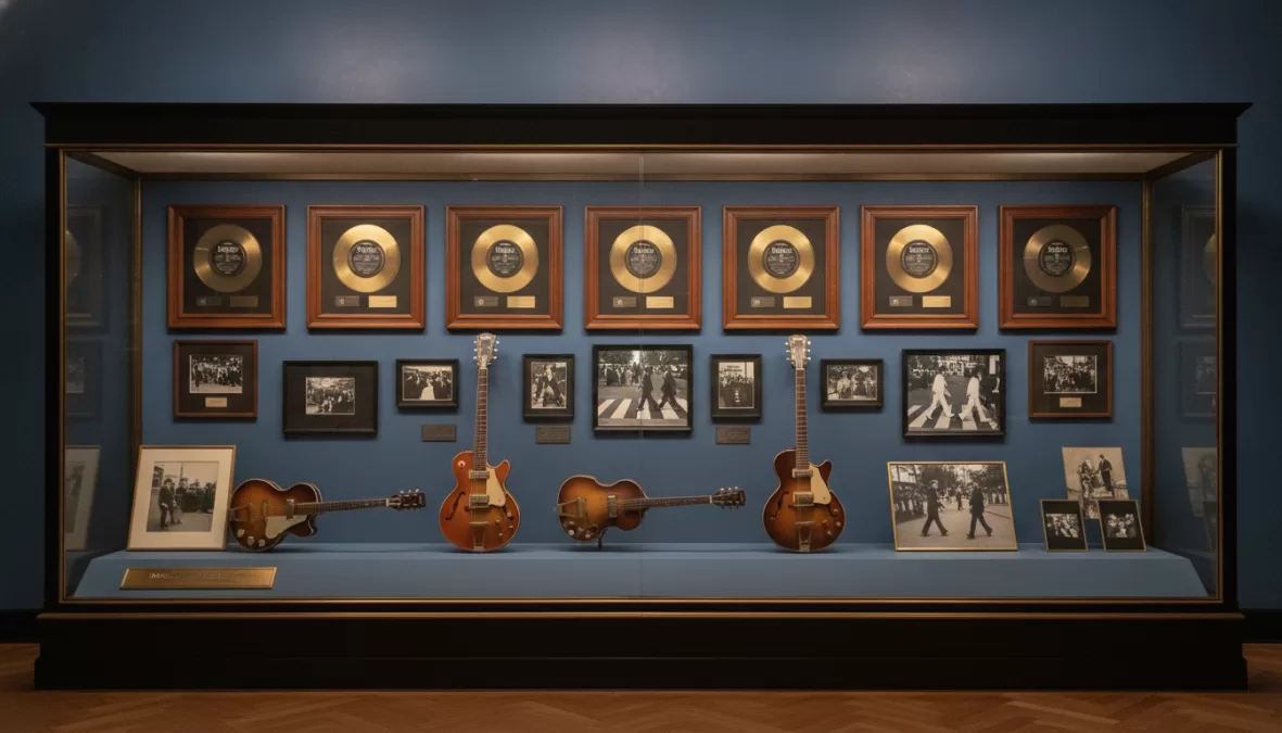 Beatles memorabilia and gold records display showing their legacy