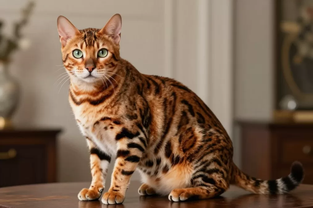 Beautiful Bengal cat displaying marble or spotted coat pattern with glittering effect