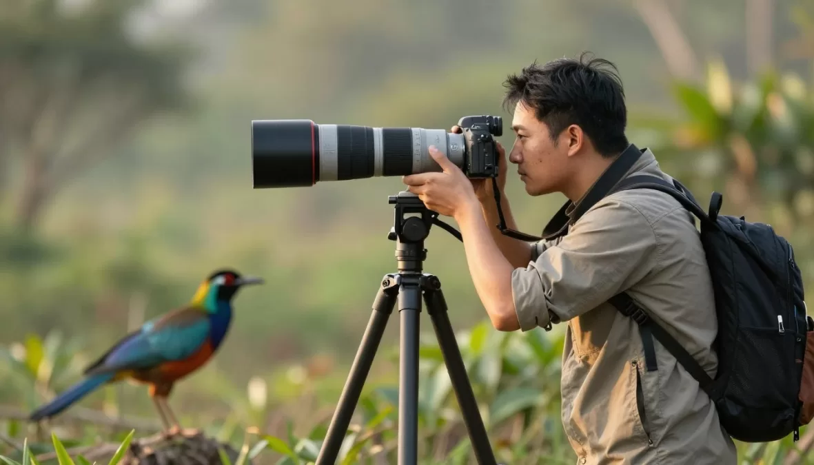 Bird photographer with telephoto lens capturing colorful bird in natural habitat