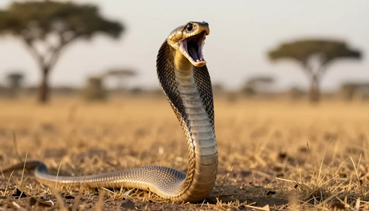 Black mamba snake in African savanna showing aggressive display