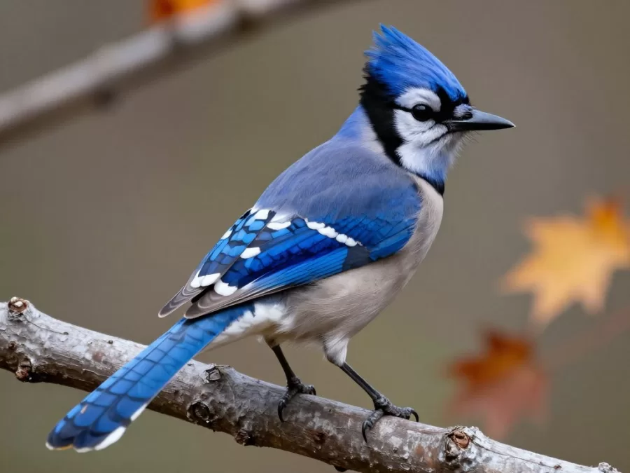 Blue jay perched on branch showing vibrant blue wings and distinctive crest