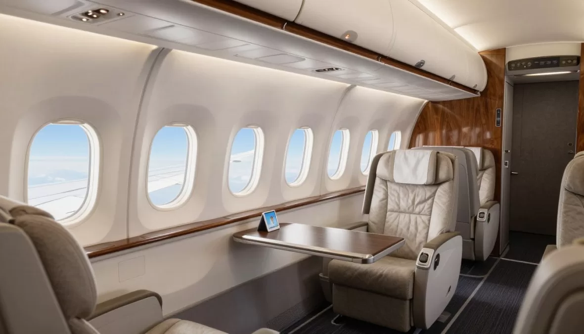 Boeing 787 VIP modern cabin interior with large windows