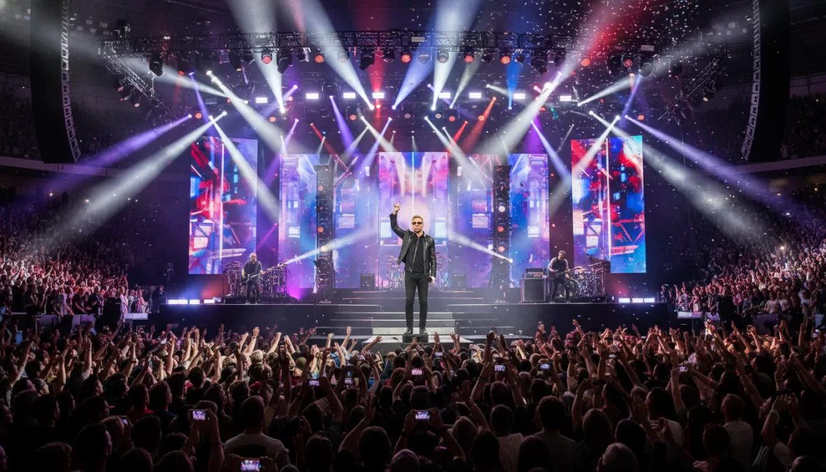 Bono performing with U2 in stadium concert