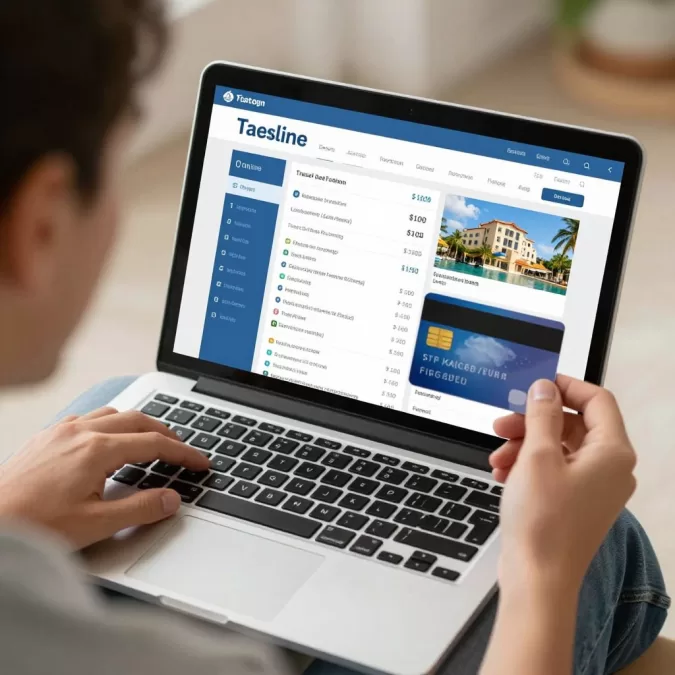 Booking travel online with laptop and tickets