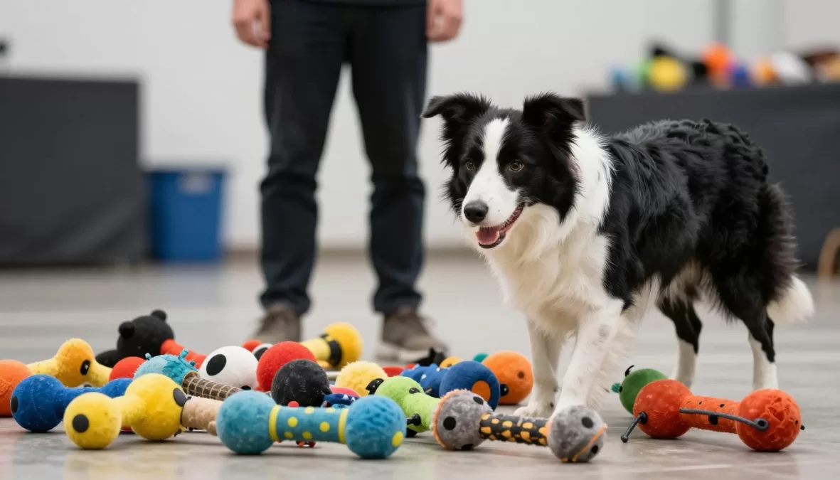 Border collie demonstrating complex task learning with multiple toys and commands