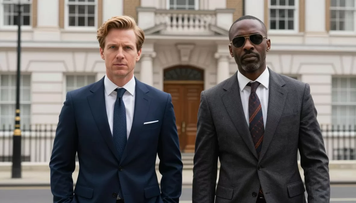 British and American characters in heist comedy scene
