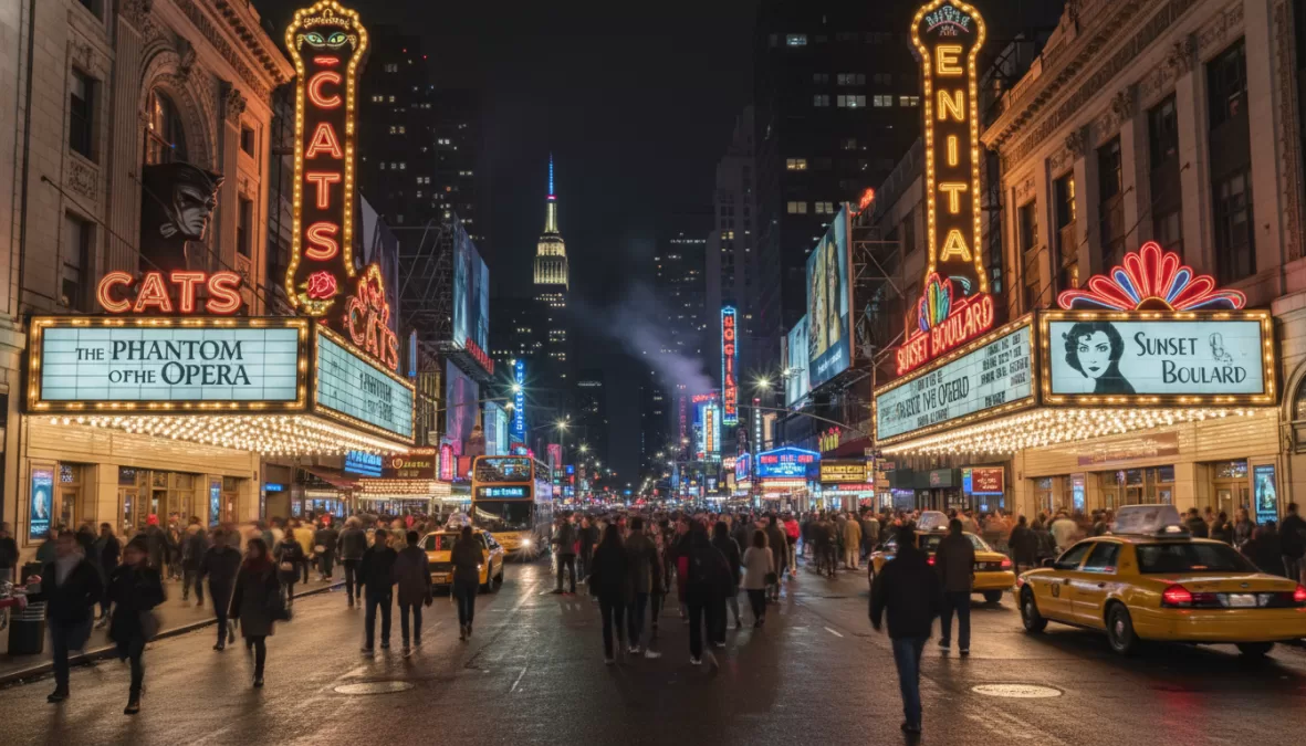 Broadway theater district showing Andrew Lloyd Webber musical marquees