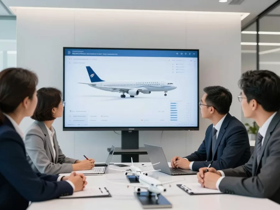 Business executives reviewing private jet specifications