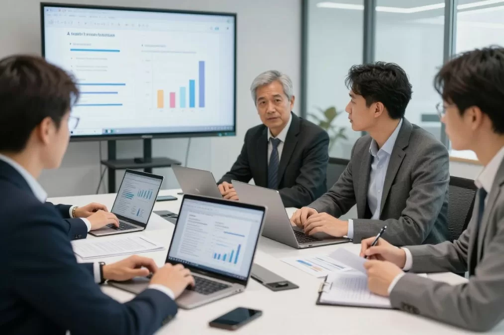 Business team evaluating AI vendor options and solutions