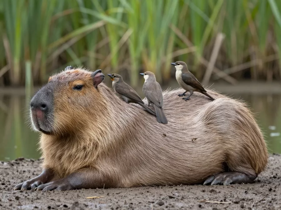 Capybara relaxing with birds perched on its back