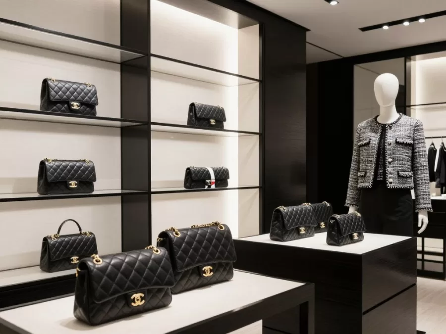 Chanel boutique interior with quilted handbags and tweed jackets