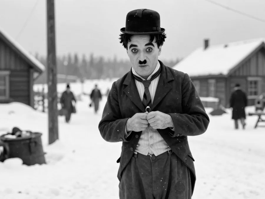 Charlie Chaplin as the Tramp in snowy Klondike setting