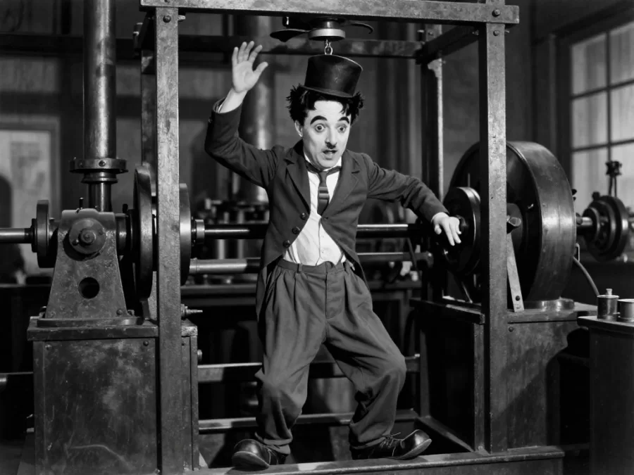 Charlie Chaplin in factory machinery comedy scene