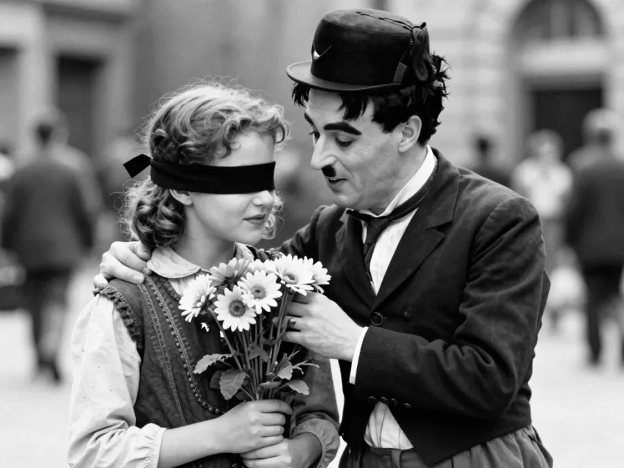 Charlie Chaplin with blind flower girl in poignant scene