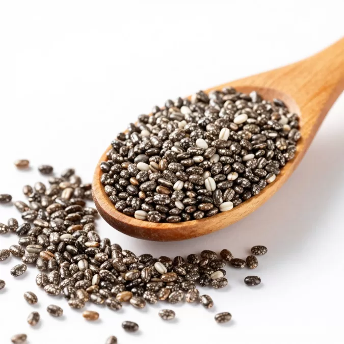 Chia seeds in a wooden spoon with scattered seeds showing their small size and texture