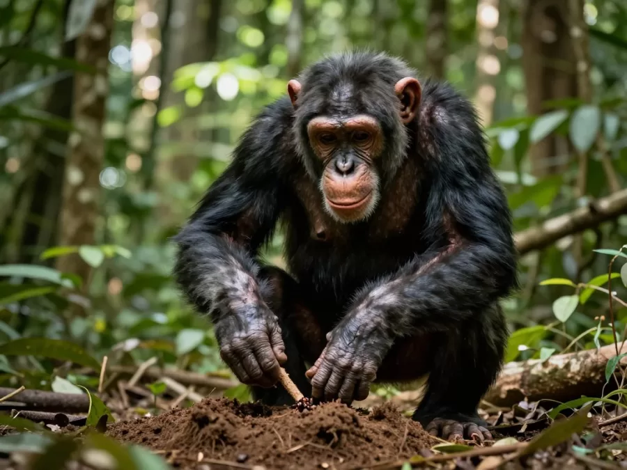 Chimpanzee using a stick tool to extract termites from a mound in natural forest habitat