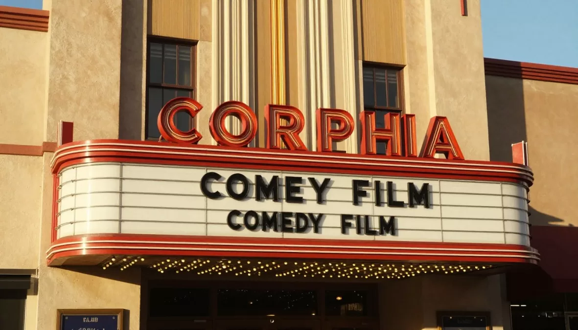 Cinema marquee displaying classic comedy film titles