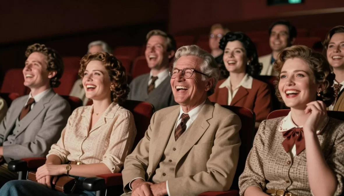 Classic cinema audience enjoying comedy film