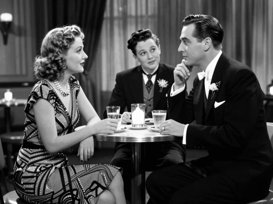 Classic screwball comedy scene with elegant actors in 1930s attire