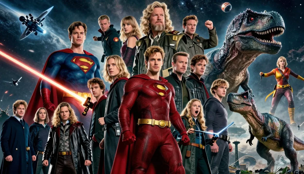Collage of iconic movie franchise moments and characters