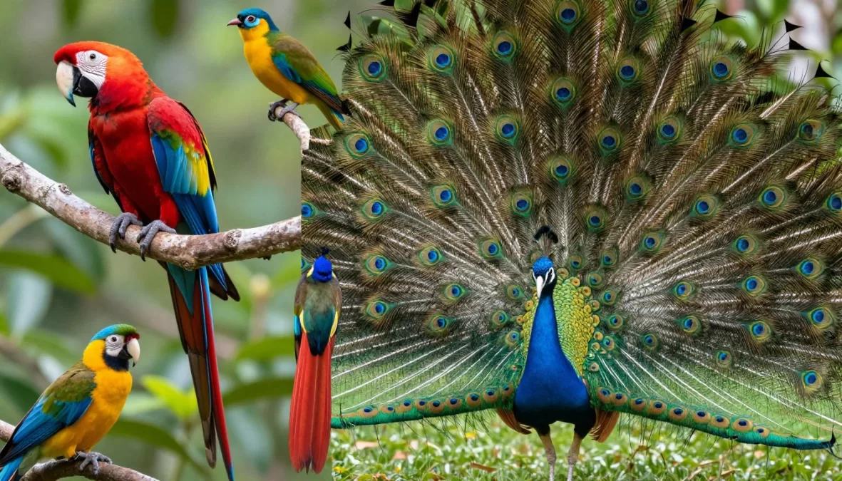 Collection of the most beautiful birds displaying vibrant plumage in natural habitats