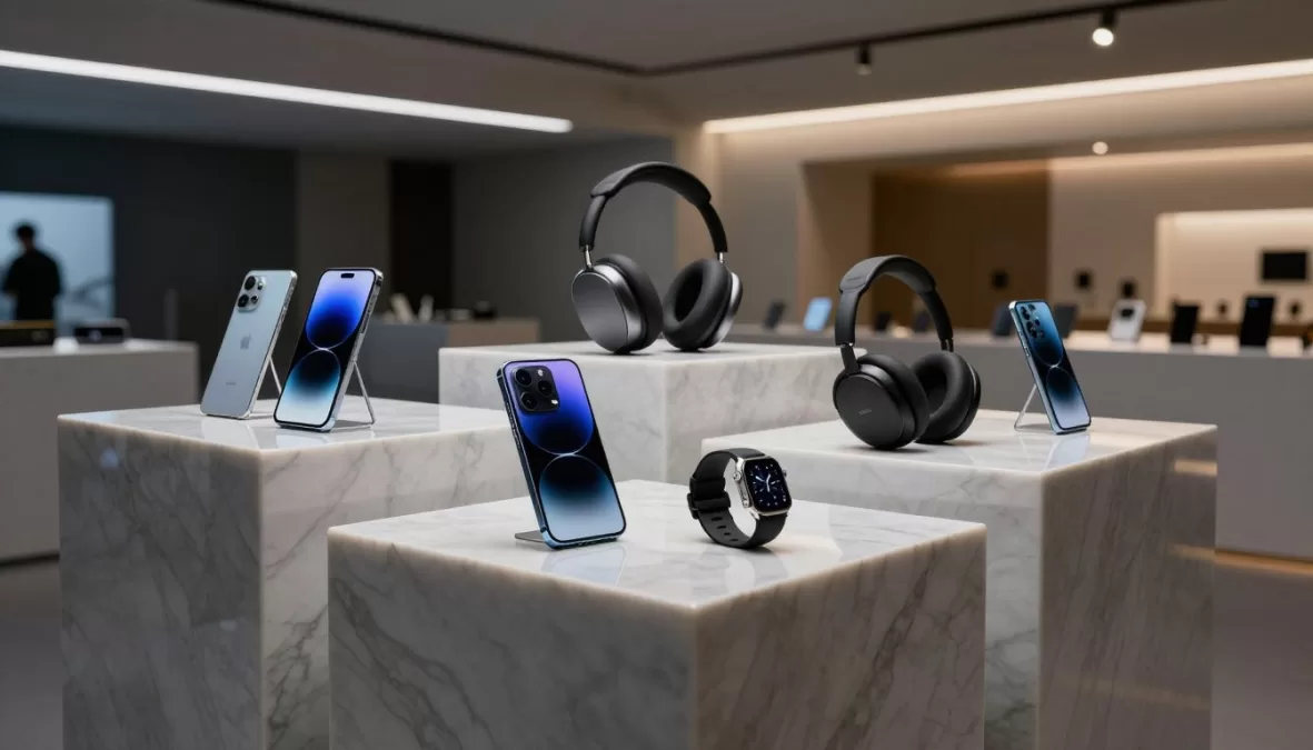 Collection of ultra-luxury technology gadgets displayed in an opulent showroom setting with dramatic lighting