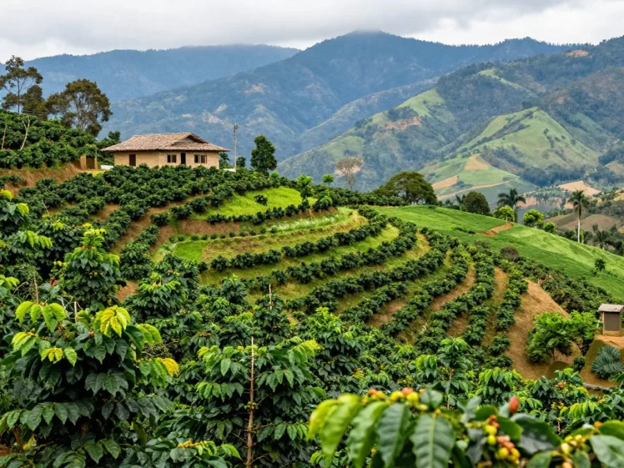 Colorful Colombian coffee plantation landscape