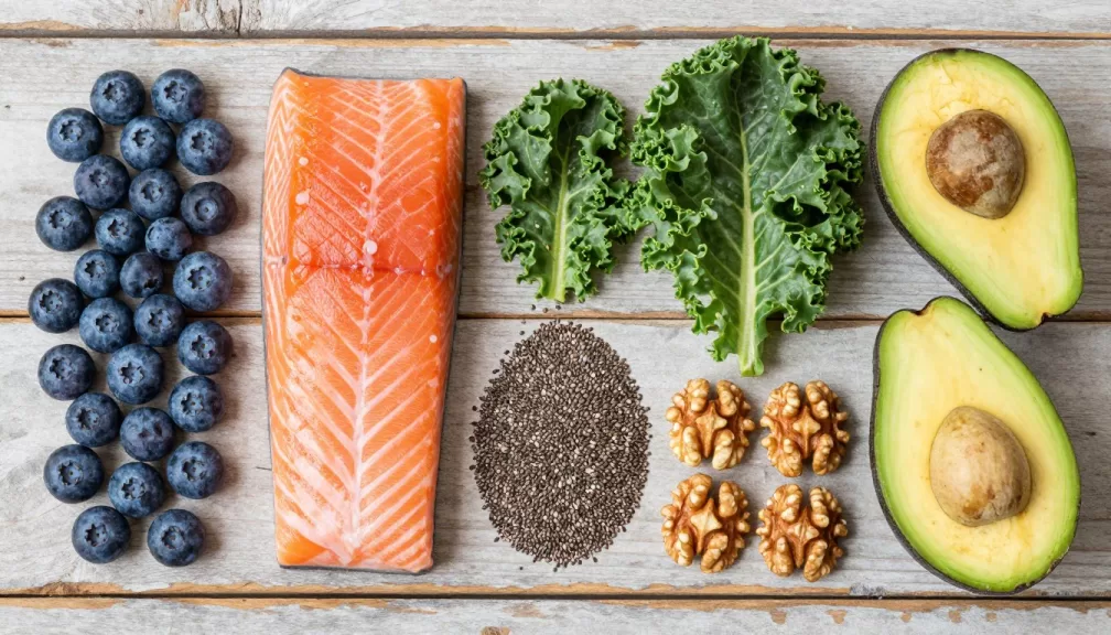 Colorful array of superfoods including berries, salmon, leafy greens, and seeds arranged on a wooden table
