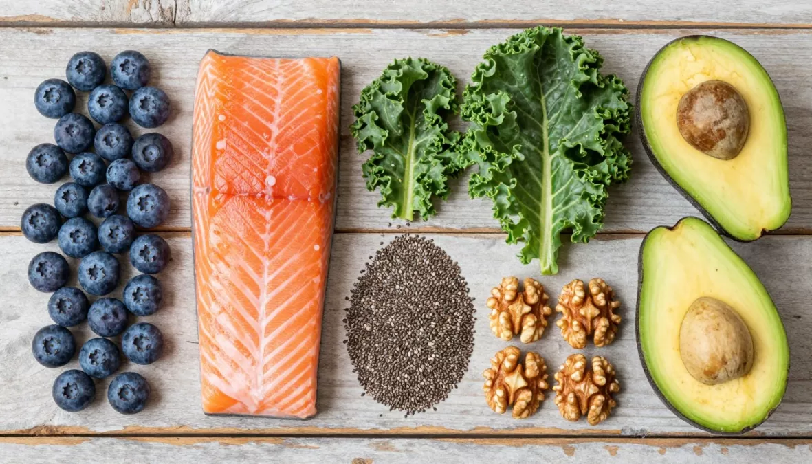 Colorful array of superfoods including berries, salmon, leafy greens, and seeds arranged on a wooden table