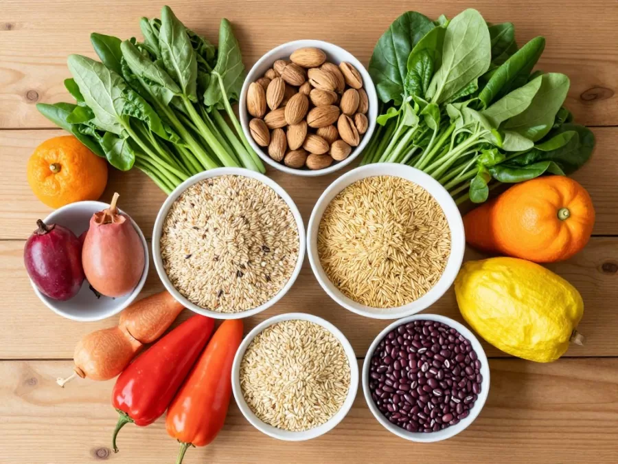 Colorful array of whole foods including vegetables fruits and whole grains