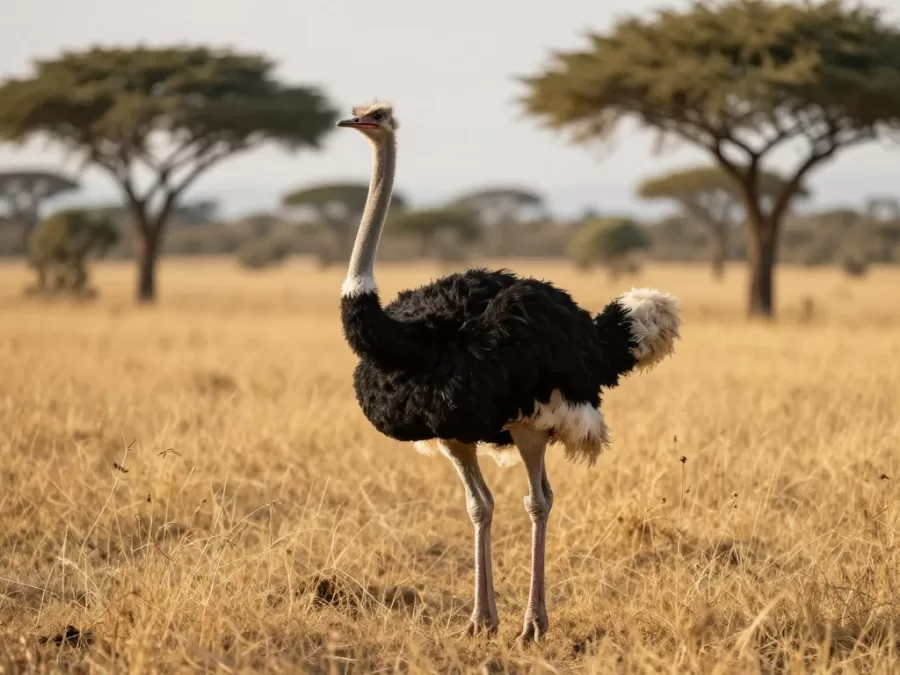 Common ostrich standing tall in African savanna showcasing why they are the largest birds in the world