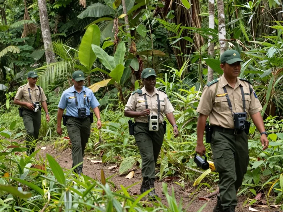 Community rangers patrolling protected area to prevent poaching of endangered animals